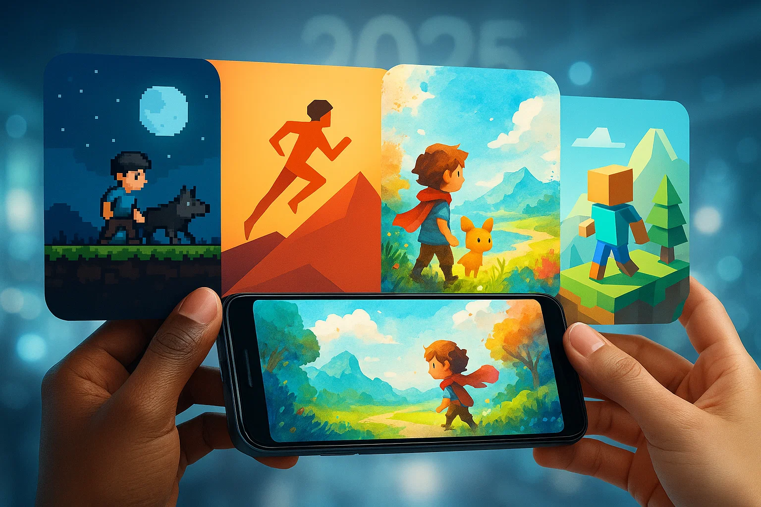 Collage of diverse mobile indie game art styles displayed on a smartphone screen, representing the creativity and innovation of mobile indie games in 2025.