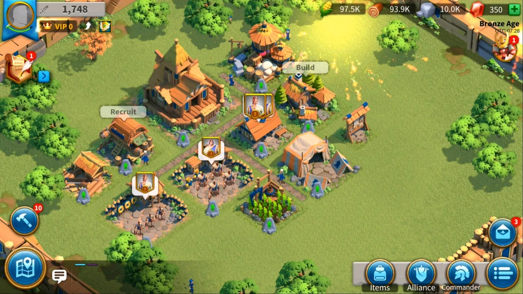 Early city layout in Rise of Kingdoms showing resource buildings, training grounds, and command center during the Bronze Age era with user interface elements visible.