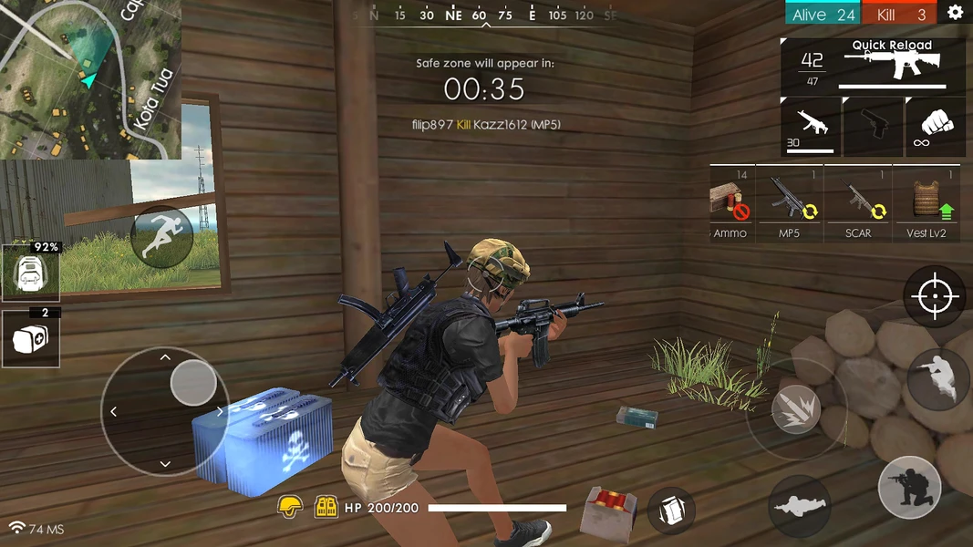 Capture d’écran du gameplay à l’intérieur d’une cabane dans Free Fire