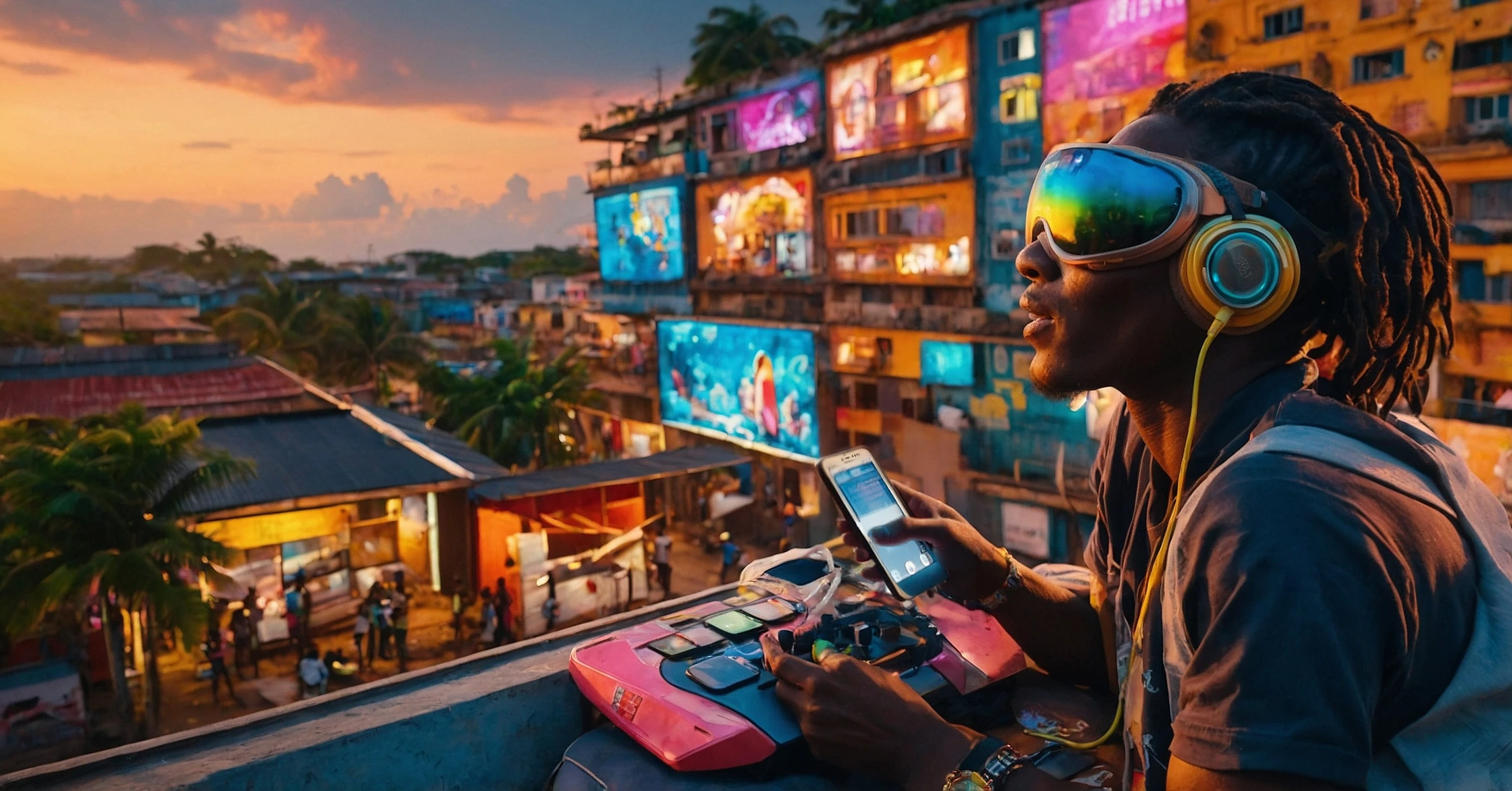 Un jeune homme en Côte d'Ivoire portant des lunettes de jeu futuristes et un casque joue à un jeu mobile en utilisant une manette et un smartphone. Il surplombe un quartier urbain vibrant au coucher du soleil, avec des panneaux publicitaires animés et des fresques colorées qui illuminent les bâtiments en contrebas, mettant en valeur l'énergie de la culture gaming en plein essor de l'Afrique de l'Ouest