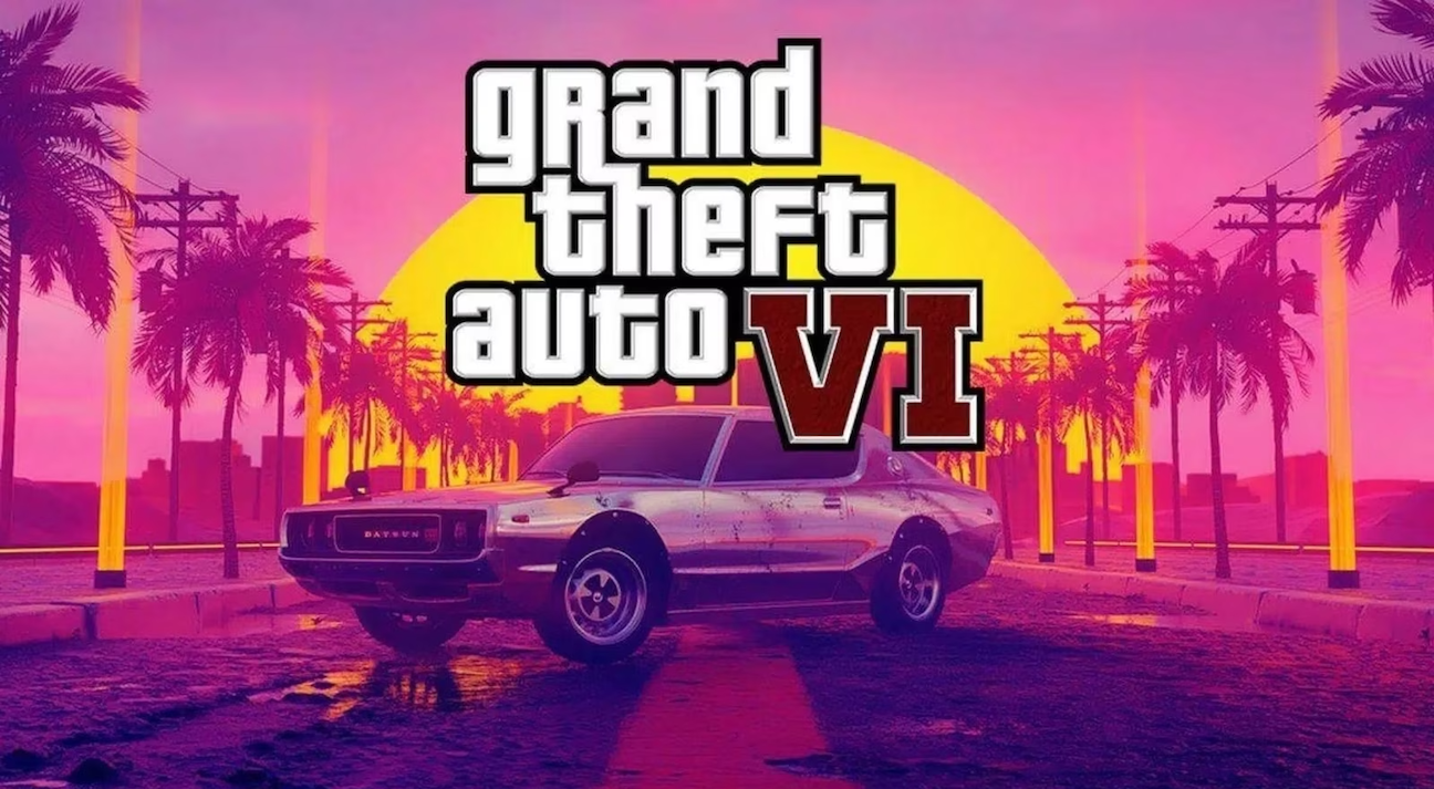 Une image teaser avec la fenêtre de sortie 2025, mettant en avant des éléments emblématiques de GTA (comme la skyline de Vice City ou le logo de Rockstar) et des visuels évoquant un compte à rebours.