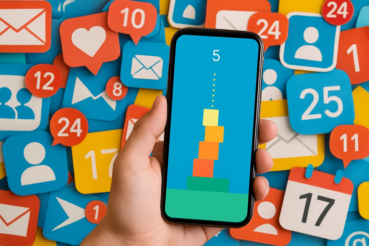 Smartphone displaying a simple, colorful hyper-casual game, held against a blurred, busy background of digital notification icons, representing a moment of simple escape from digital overload.
