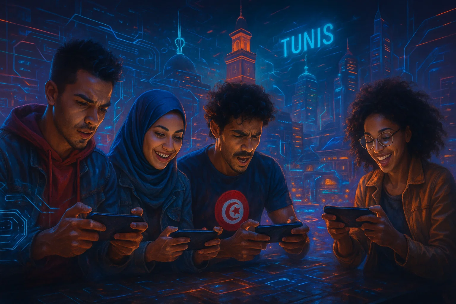Jeunes joueurs tunisiens passionnés par le gaming mobile en 2025 avec des éléments technologiques futuristes en Tunisie - Exscape.io