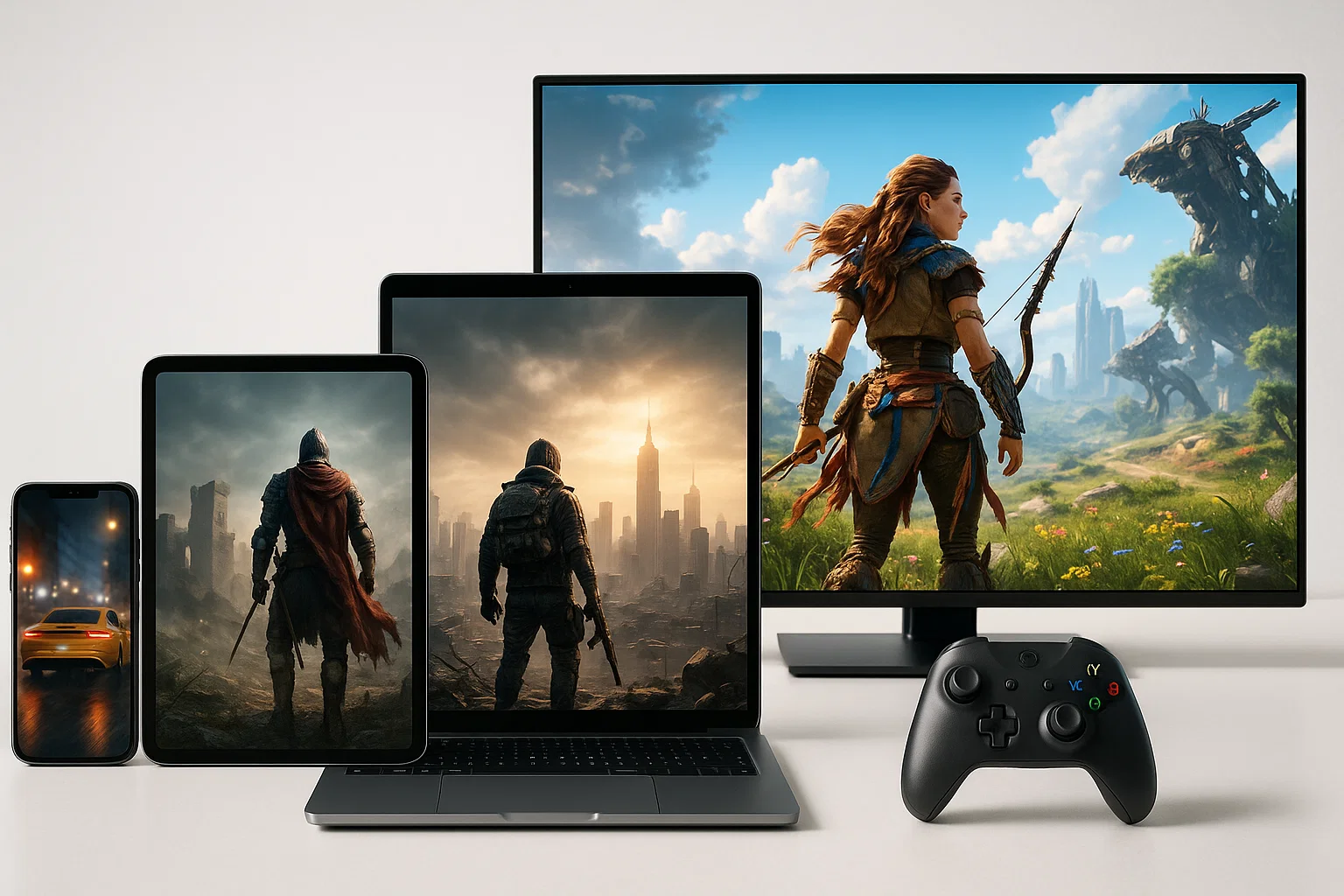 Différents appareils – smartphone, tablette, ordinateur portable et télévision – démontrant les possibilités du cloud gaming en 2025.