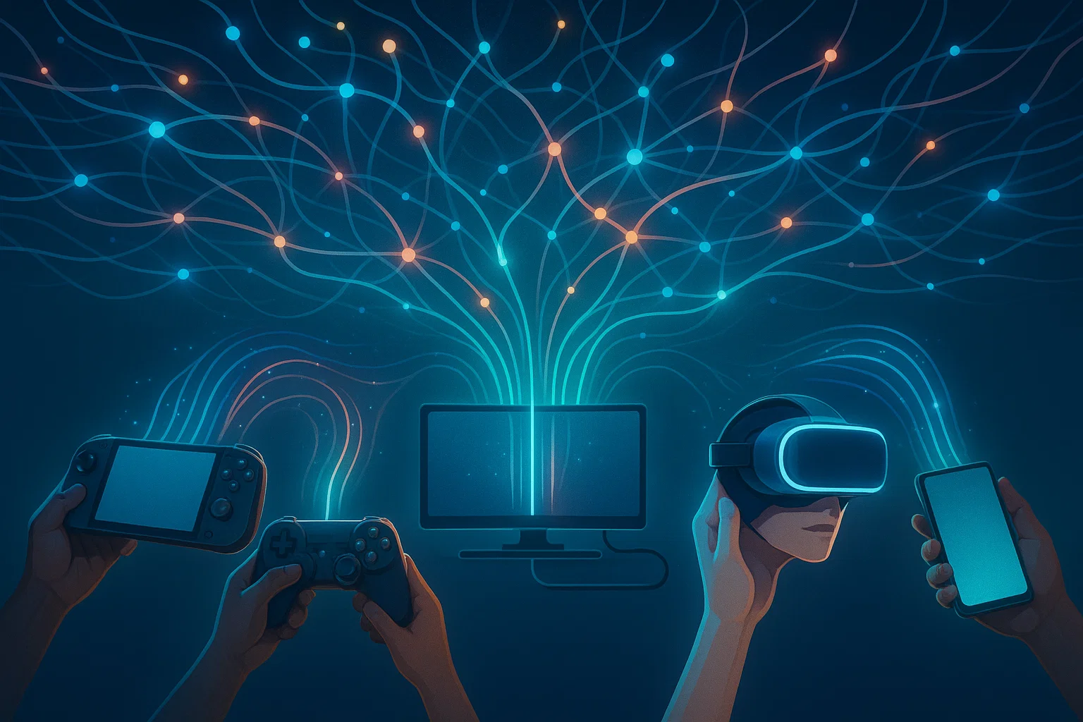 Futuristic concept art representing the evolution and future of cloud gaming technology and connectivity.