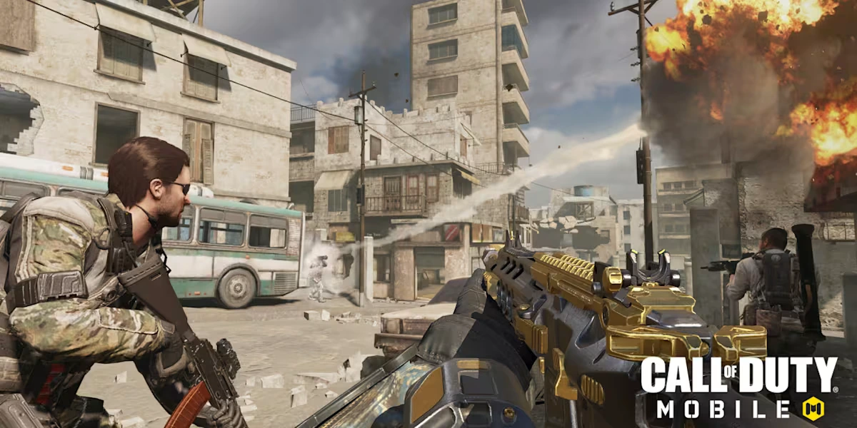 2 fighters in call of duty mobile wait in warzone. derelict buildings and blown up car