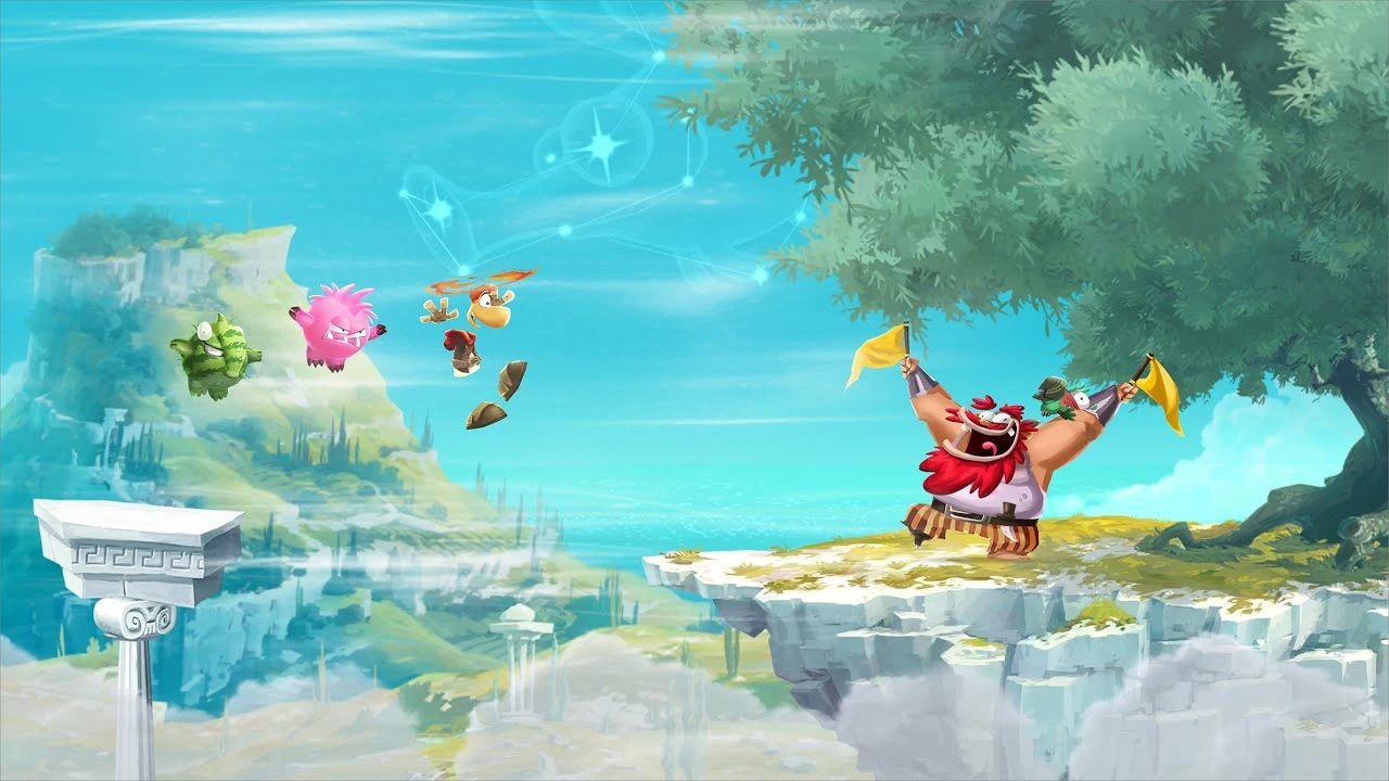 Rayman vole avec ses compagnons dans un paysage fantastique et vibrant, s'approchant d'un personnage de type viking acclamant sur une falaise sous un grand arbre.