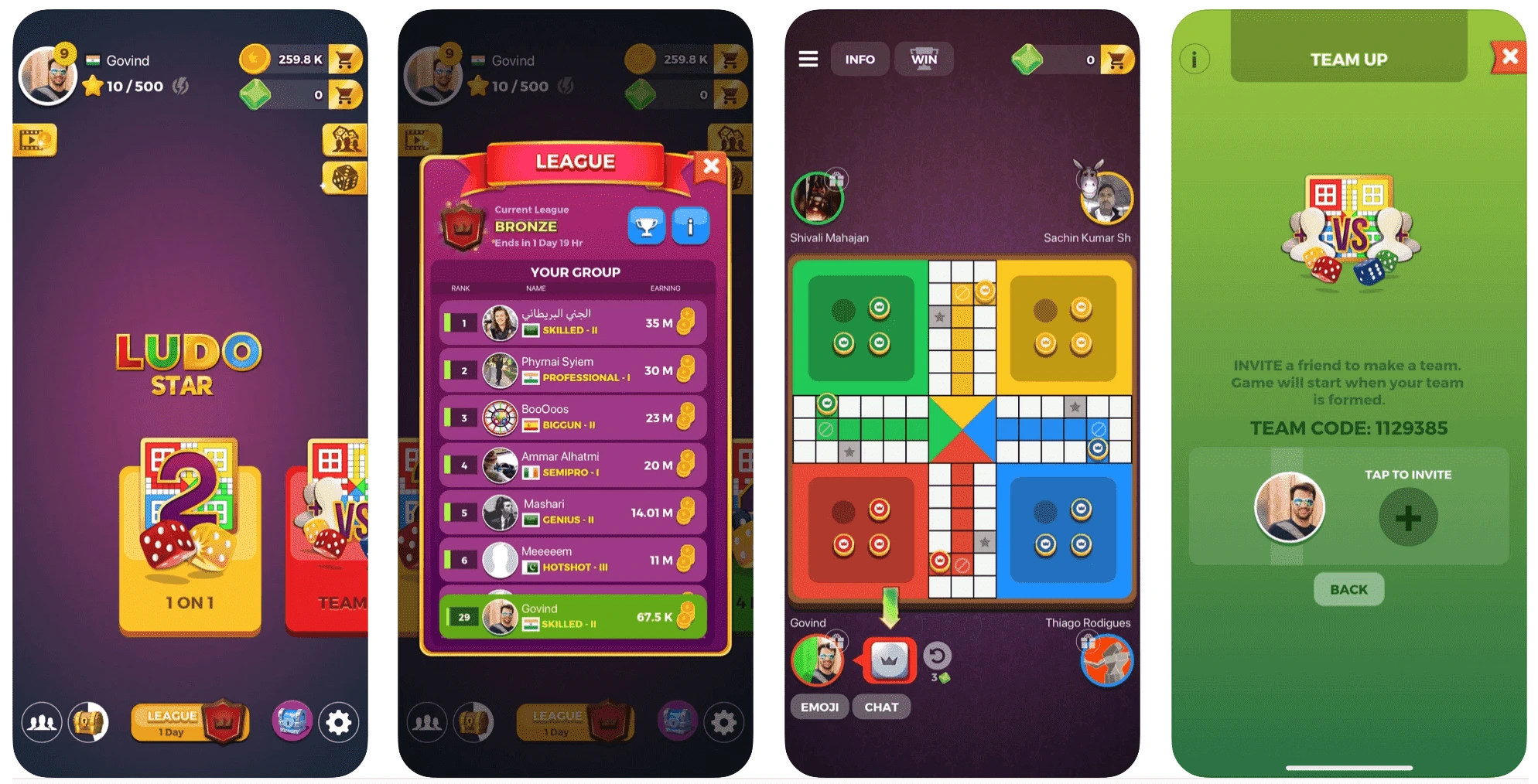 Ludo Star mobile game interface showing 1v1 and team modes, player leaderboard in Bronze League, in-game Ludo board with chat feature, and team invite screen with code