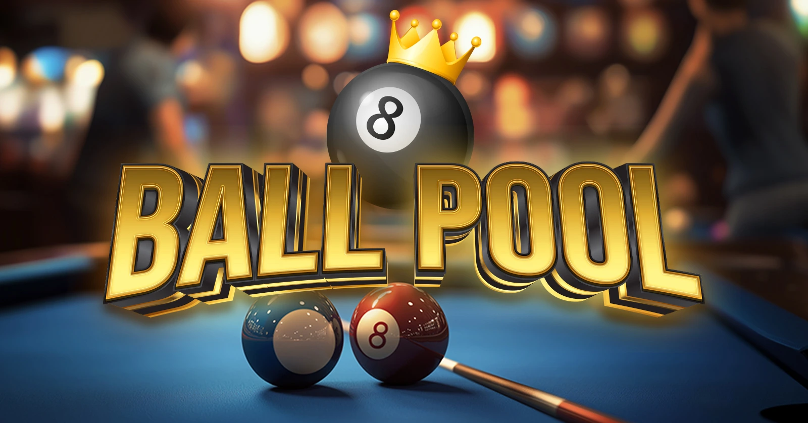 Ball Pool mobile game by Exscape with glowing 8-ball crown and cue setup. Play pool online on mobile with competitive multiplayer action in Kuwait