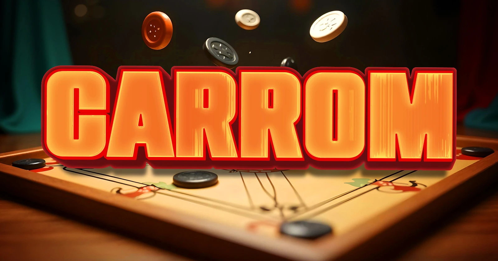 Carrom mobile game by Exscape showing animated carrom board and flying pieces. Play carrom online in Kuwait with real-time multiplayer gameplay