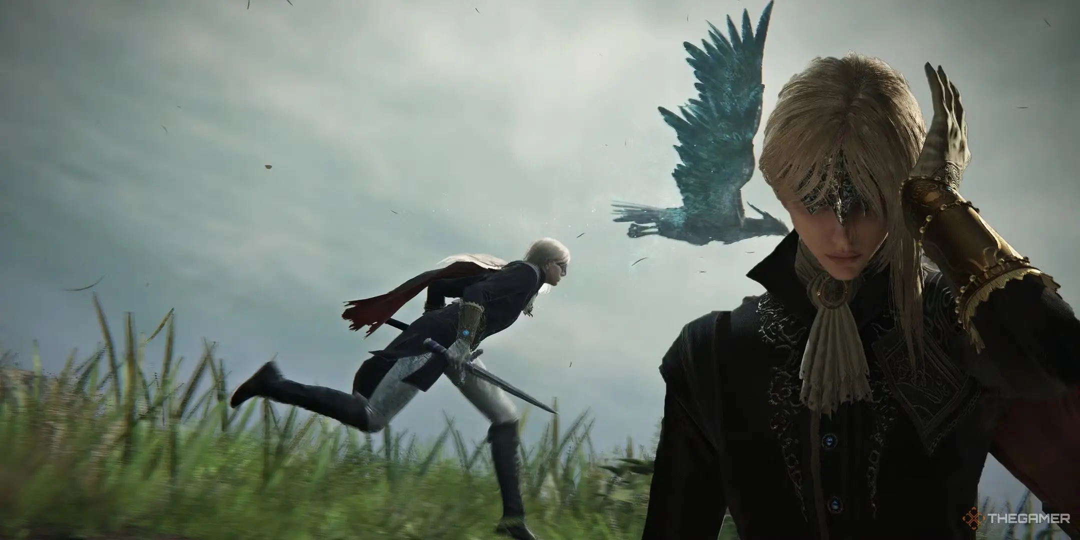 A picture containing the Nightfarer Dutchess from the game Elden Ring Nightreign, with a picture of her standing on the right side and another picture of her running towards the right side with a spectral hawk ahead of her, flying to the right side.