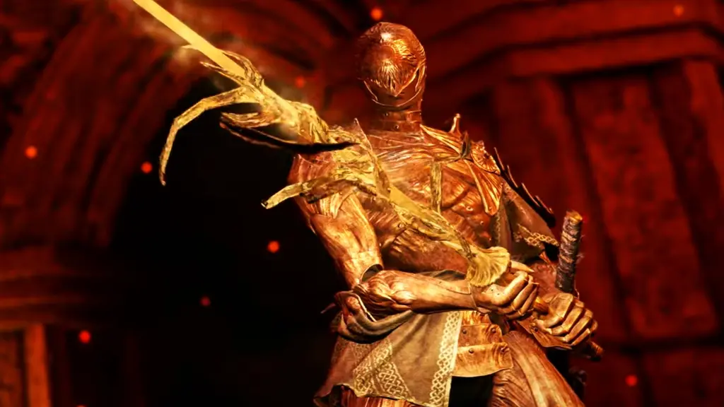 A picture containing the Nightfarer Executor from the game Elden Ring Nightreign, holding his starting weapon, Executor's Blade and standing behid a large stone door with an arch.