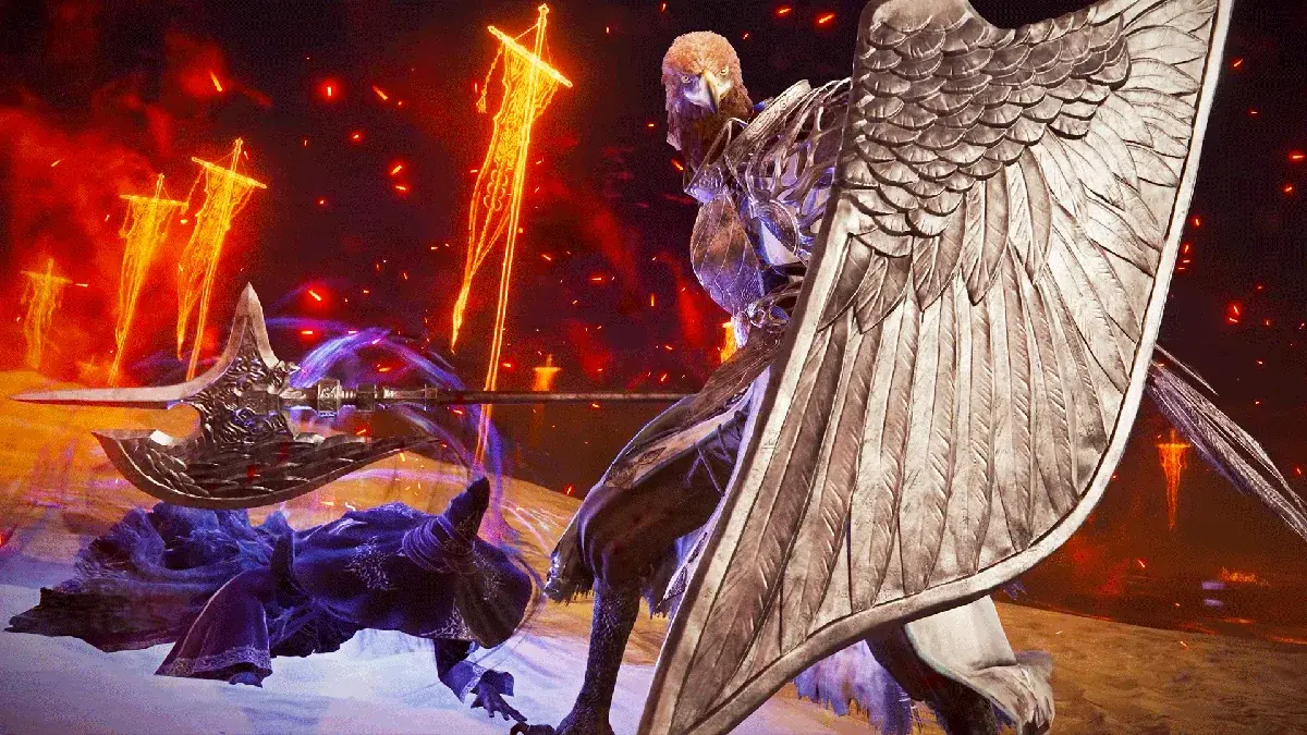 A picture containing the Nightfarer Guardian from the game Elden RIng Nightreign, holding his shield up with his glaive to the back, protecting the Nightfarer Recluse