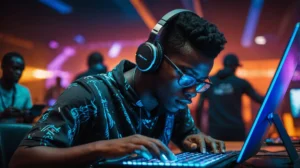 Jeune homme à un tournoi eSports en Côte d’Ivoire. Un tournoi eSports animé à Abidjan, la foule acclame, de jeunes joueurs avec des casques sur scène, éclairage LED coloré, grand écran affichant une bataille de jeu mobile, design graphique inspiré de l’Afrique dans la salle, composition cinématographique, ambiance électrique