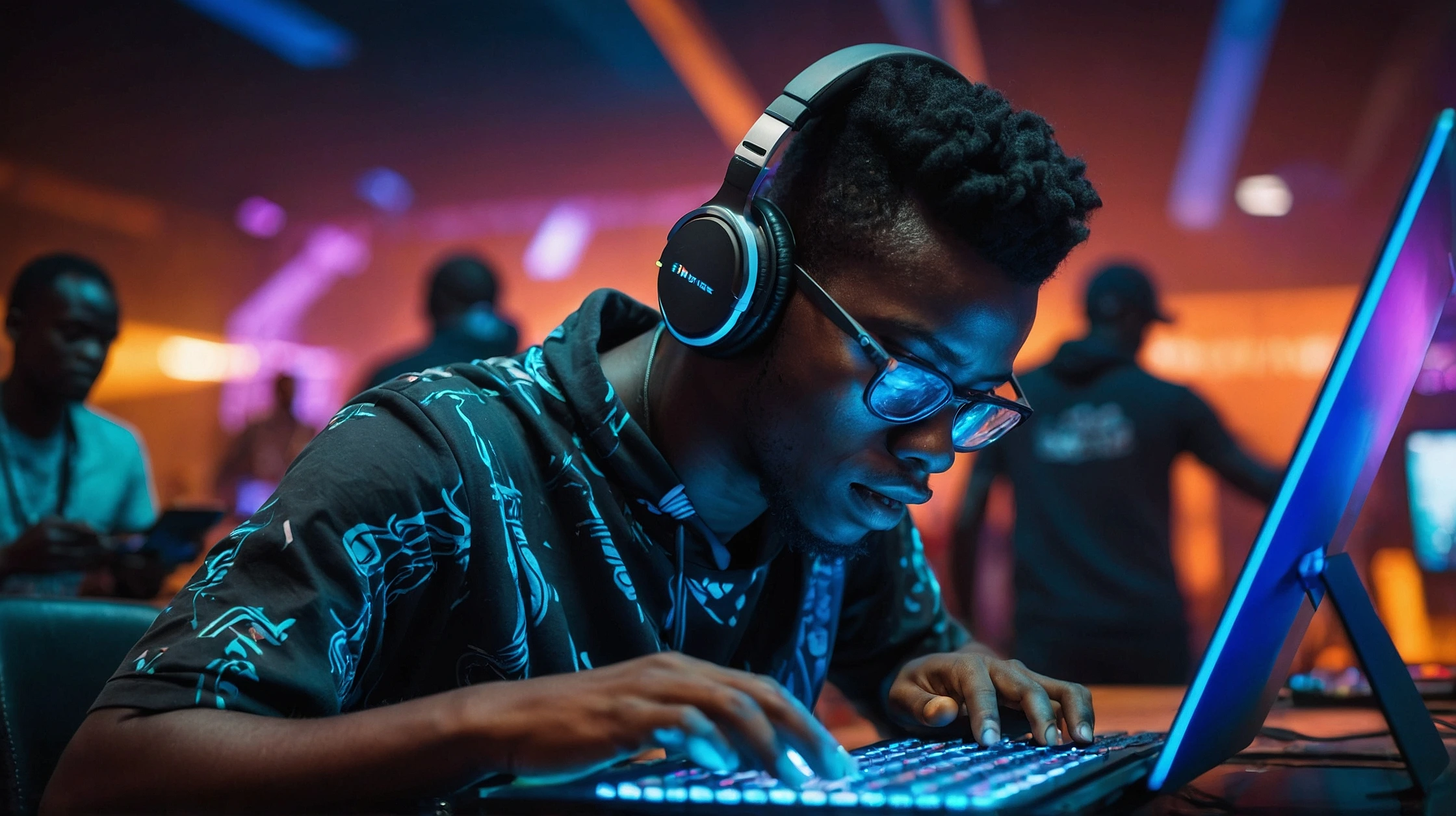 young man at esports tournament in Ivory Coast. A lively esports tournament in Abidjan, crowd cheering, young players with headsets on stage, colorful LED lighting, large screen showing a mobile game battle, African-inspired graphic design in the venue, cinematic composition, electric atmosphere