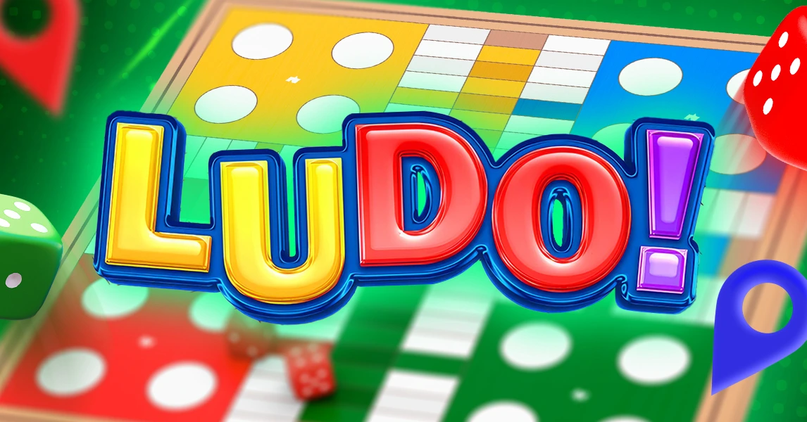 Bannière colorée du jeu de société numérique Ludo avec le plateau classique, des pions colorés et des dés en 3D. Exscape