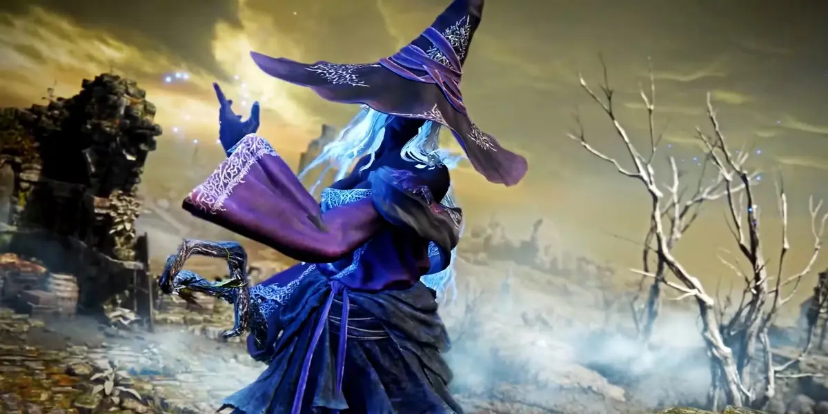 A picture containing the Nightfarer Reculse From the game Elden Ring Nightreign, casting a spell. Duchess