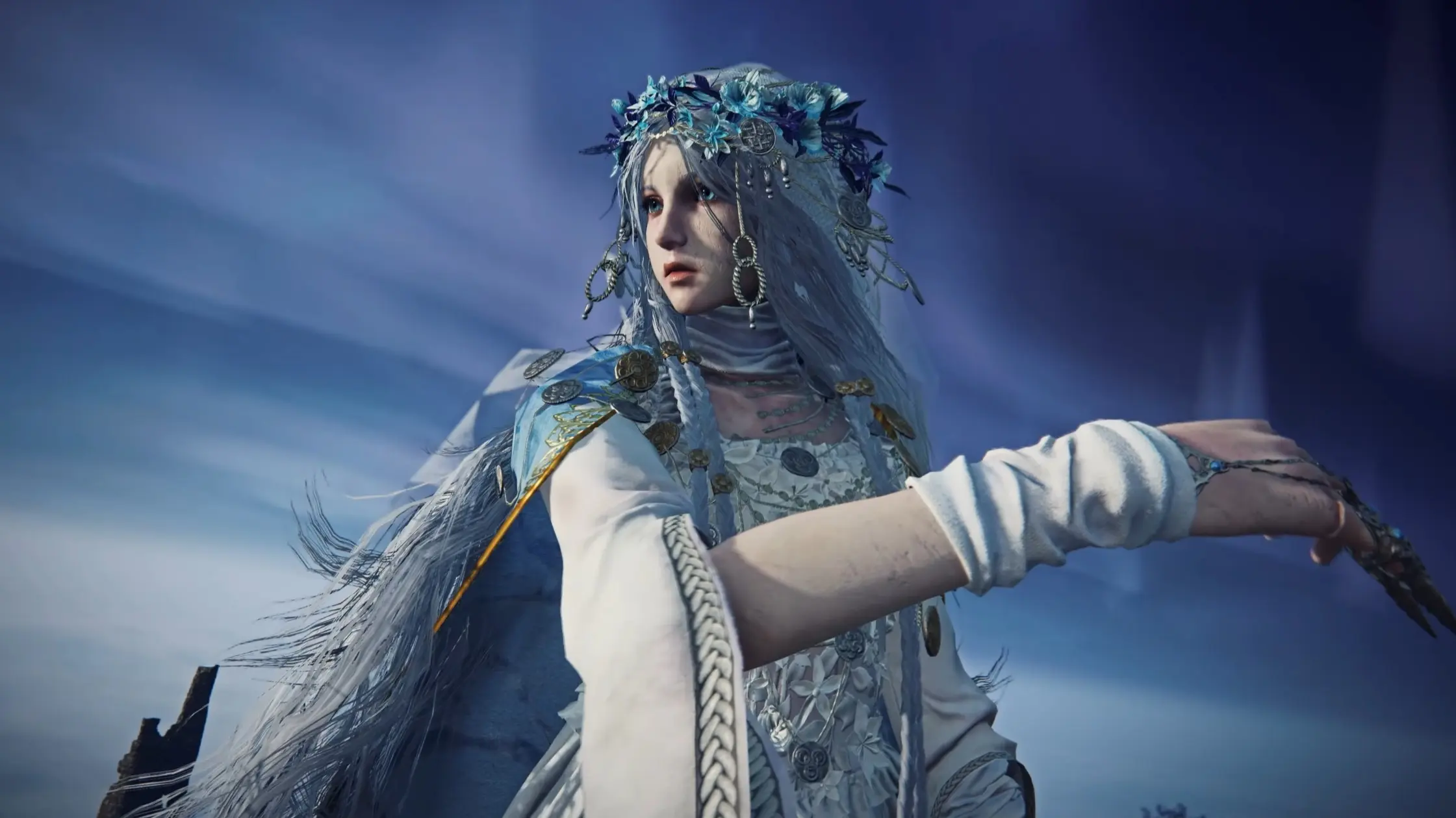 A picture containing the Nightfarer Revenant from the game Elden Ring Nightreign, standing behind a blue and purple sky. Combat Evolution: Cooperation Over Competition