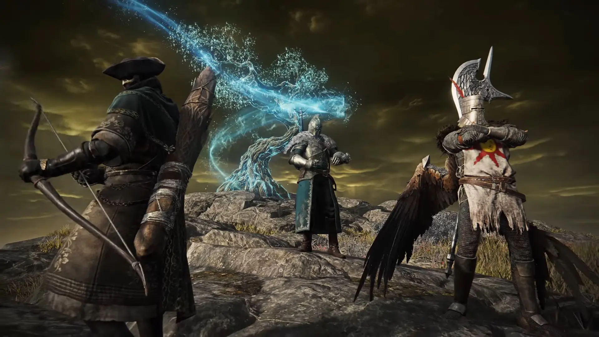 A picture of Nightfarers from the game Elden Ring Nightreign. On the left side of the nightfarer Ironeye in the garb Ring finger, a cosmetic skin based on the Dark soul 3 character ringfinger leonhard. On the right side is the nightferer Guardian in the garb Sunlight knight, which is a cosmetic skin based on the Dark Souls character Solaire of Astora. Behind is the Nightfarer wylder in the garb, Lion knight, which is a cosmetic skin based on the faaram armor set in Dark souls 2. Behind all the nightfarer is a tree glowing blue.