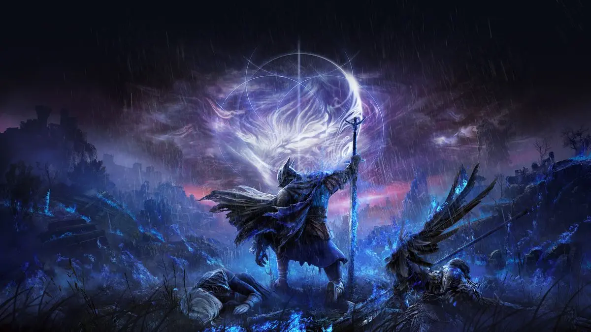 Poster cover of Elden Ring: Nightreign. The Nightfarer standing while holding a spear to his side, Standing before Limveld at night.