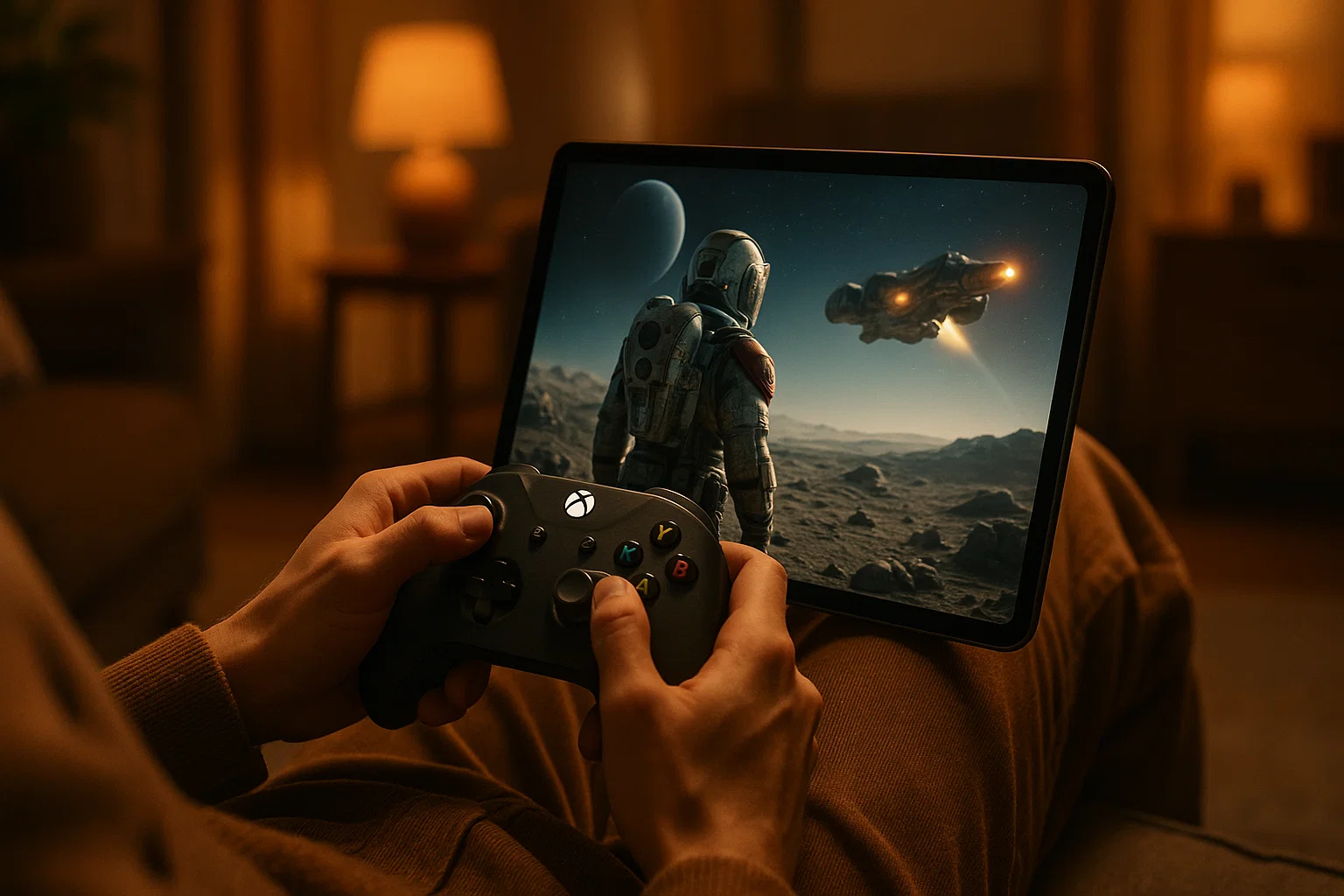 An American player immersed in an Xbox Game Pass title on a tablet thanks to Xbox Cloud Gaming in 2025