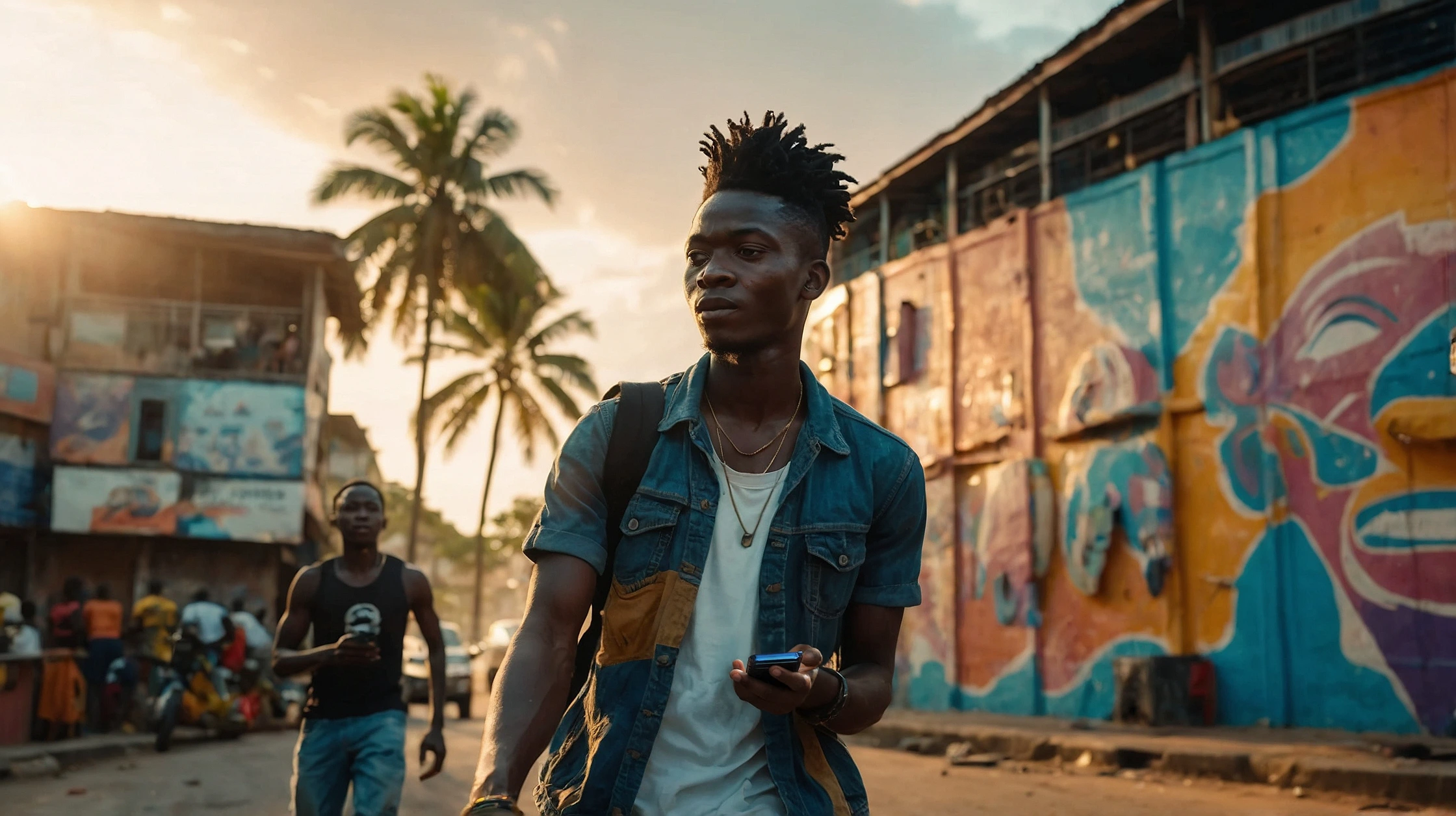 A young man walks confidently down a colorful street at sunset, holding a phone and wearing a denim shirt and backpack. Behind him, vibrant murals and palm trees create a lively urban atmosphere, with people and motorbikes in the background. Play mobile games in Côte d’Ivoire, compete against players from across the country, and win rewards with Exscape.