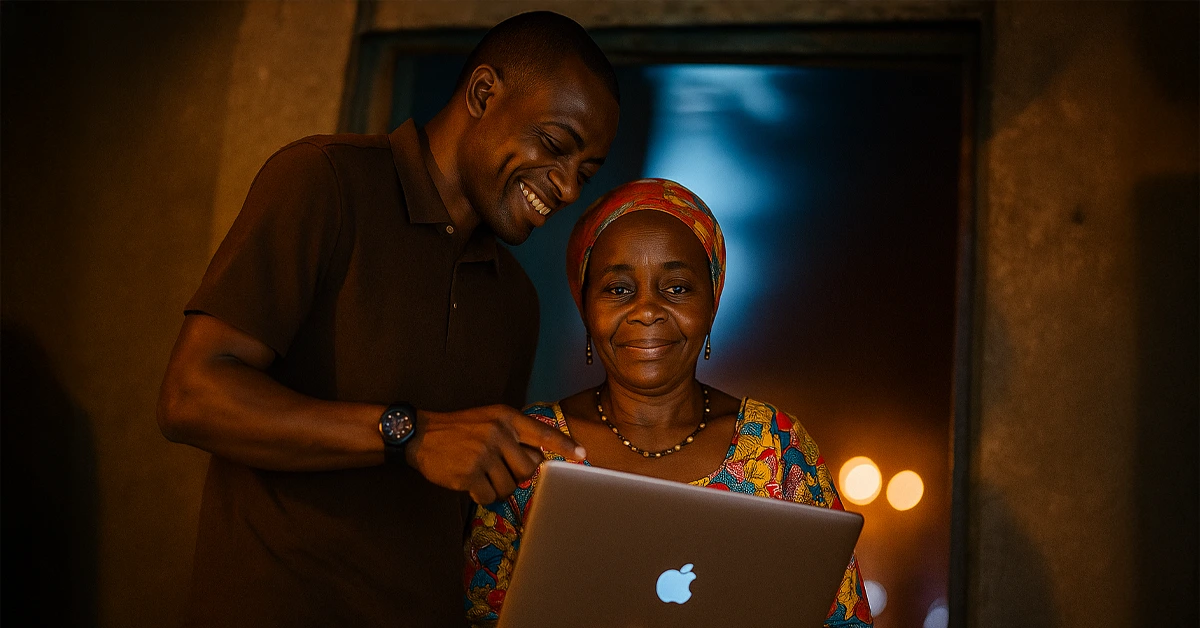 a mother and son in ivory coast with a laptop. Discover why Ivory Coast is booming in gaming and tech in 2025. Learn about mobile games, AI, and eSports in Abidjan and beyond.