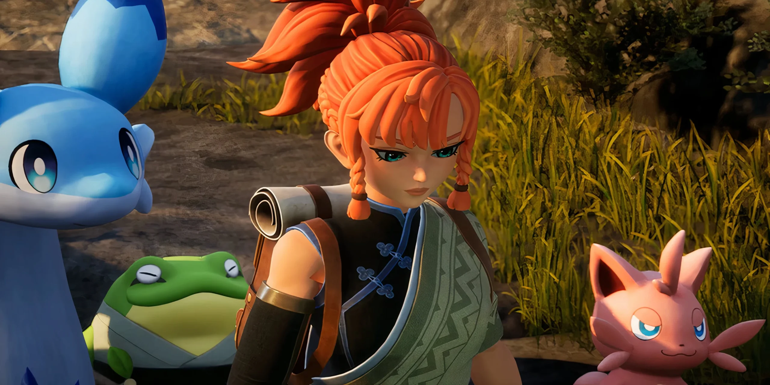 Palworld main character with three pals walking next to her