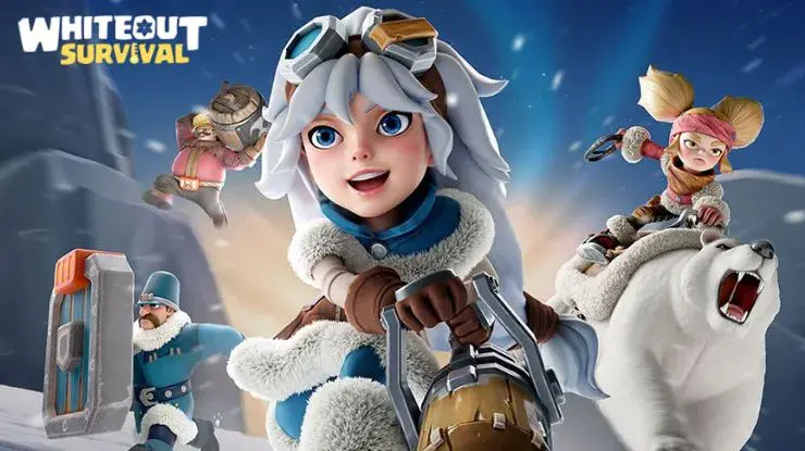 Image of female character from the 2025 hyper casual mobile game dressed in fur and snow clothes. a cute cartoon image she is smiling