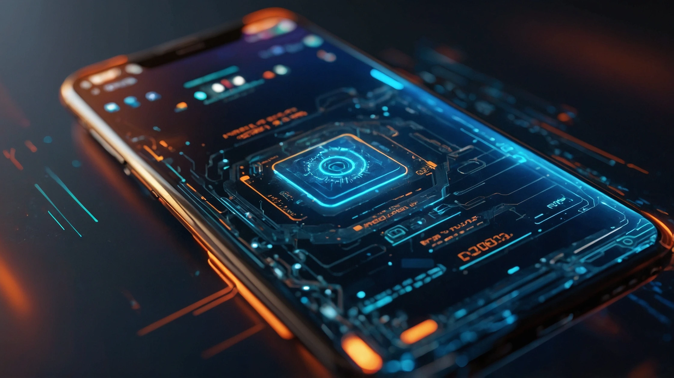 A futuristic smartphone glowing with vibrant Game Mode interface, seamless fusion of hardware and software components visualized as holographic layers around the device, floating UI elements showing CPU usage, RAM allocation, and FPS meters in real time, metallic reflections on the phone’s surface, cinematic lighting with soft blue and orange rim lights, high-tech digital environment, background hinting at code integration and system diagnostics, photo-realistic, ultra-detailed, shallow depth of field, elegant tech aesthetic with minimal motion blur.