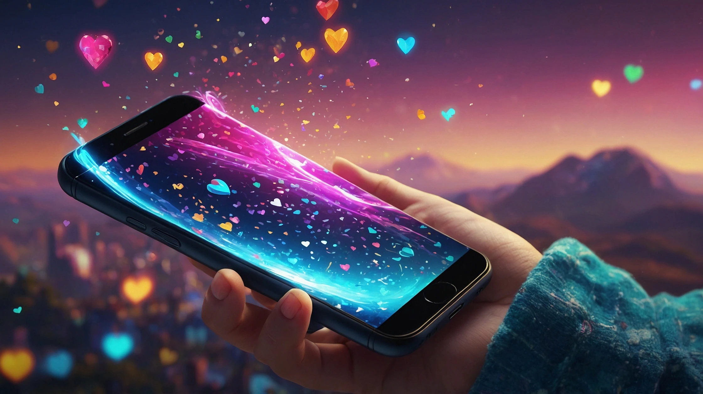 A glowing smartphone bursting with colorful pixelated particles, vibrant retro-style 8-bit resolution effects transforming into a smooth rainbow trail of motion, sparkles flying around the device, cheerful gaming UI floating above the screen, whimsical icons (like hearts, stars, FPS counters) orbiting in motion blur. The background shows a “before and after” split: one side glitchy and laggy, the other sparkling clean and fast. Bright pastel lighting, magical gamer energy, cinematic glow, playful and futuristic, photo-realistic with cartoon sparkle overlays.