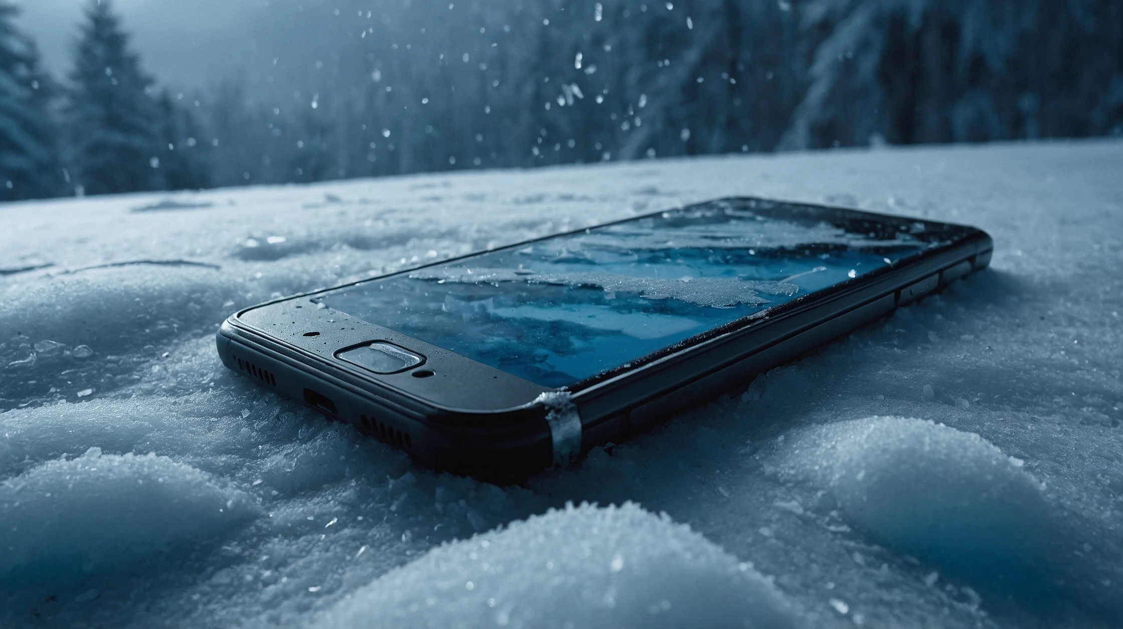 A modern smartphone half-buried in snow, screen cracked and dimly lit, frost forming along the edges, icicles hanging from the corners, surrounded by a swirling winter blizzard. Cold air mist visible, snowflakes mid-flight, dramatic lighting casting icy blue tones, high contrast shadows, cinematic depth of field, detailed texture on frozen glass and metal, atmosphere of isolation and stillness. Photo-realistic, 8K quality, inspired by cold survival scenes in film.
