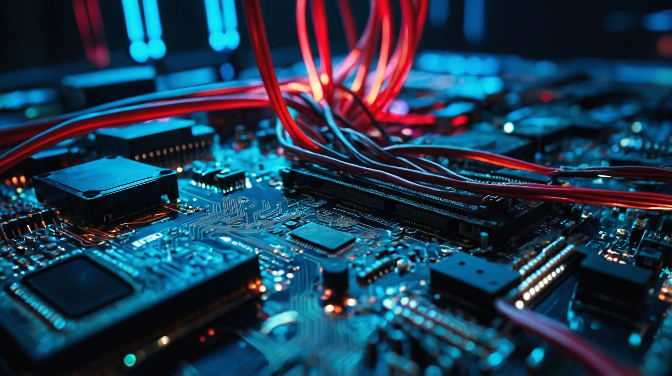 A tangled web of exposed computer circuitry and glowing wires, semi-disassembled hardware components floating mid-air, data streams pulsing through translucent motherboards, glitch effects subtly distorting reality, tiny biomechanical bugs crawling across silicon chips, soft blue and red LED lighting casting dramatic shadows, cinematic atmosphere, high-tech lab backdrop, photo-realistic with sci-fi elements, 8K detail, shallow depth of field, macro tech aesthetic, ambient digital haze