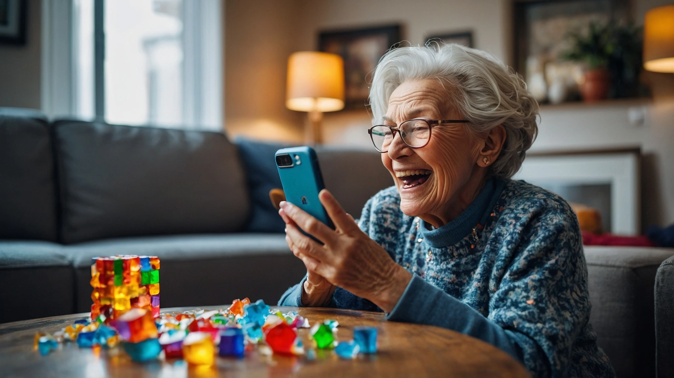 Blurry, chaotic snapshot-style digital image showing an elderly woman in a cozy living room, laughing or concentrating hard while furiously tapping on a smartphone. The phone screen glows with bright, colorful match-three puzzle elements—candy icons, gems, or blocks exploding with effects. Motion blur captures her rapid swiping, creating a sense of unexpected intensity and fun. The background includes a couch, soft lighting, and household details like framed photos or a cat nearby. Use a casual, documentary-style aesthetic with slight exaggeration, as if it’s a viral phone video caught mid-action. Add sparkles or comic-style action lines around the phone to emphasize the game victory moment. Tone: funny, warm, chaotic, and charming—like an accidental viral gaming clip. 